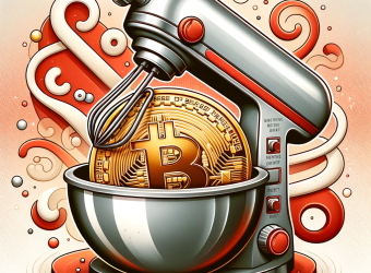 DALL·E 2023-11-30 16.57.42 - Digital illustration for a blog post titled 'Best Bitcoin Mixers', combining Bitcoin and a mixer. The image features a large, golden Bitcoin coin with